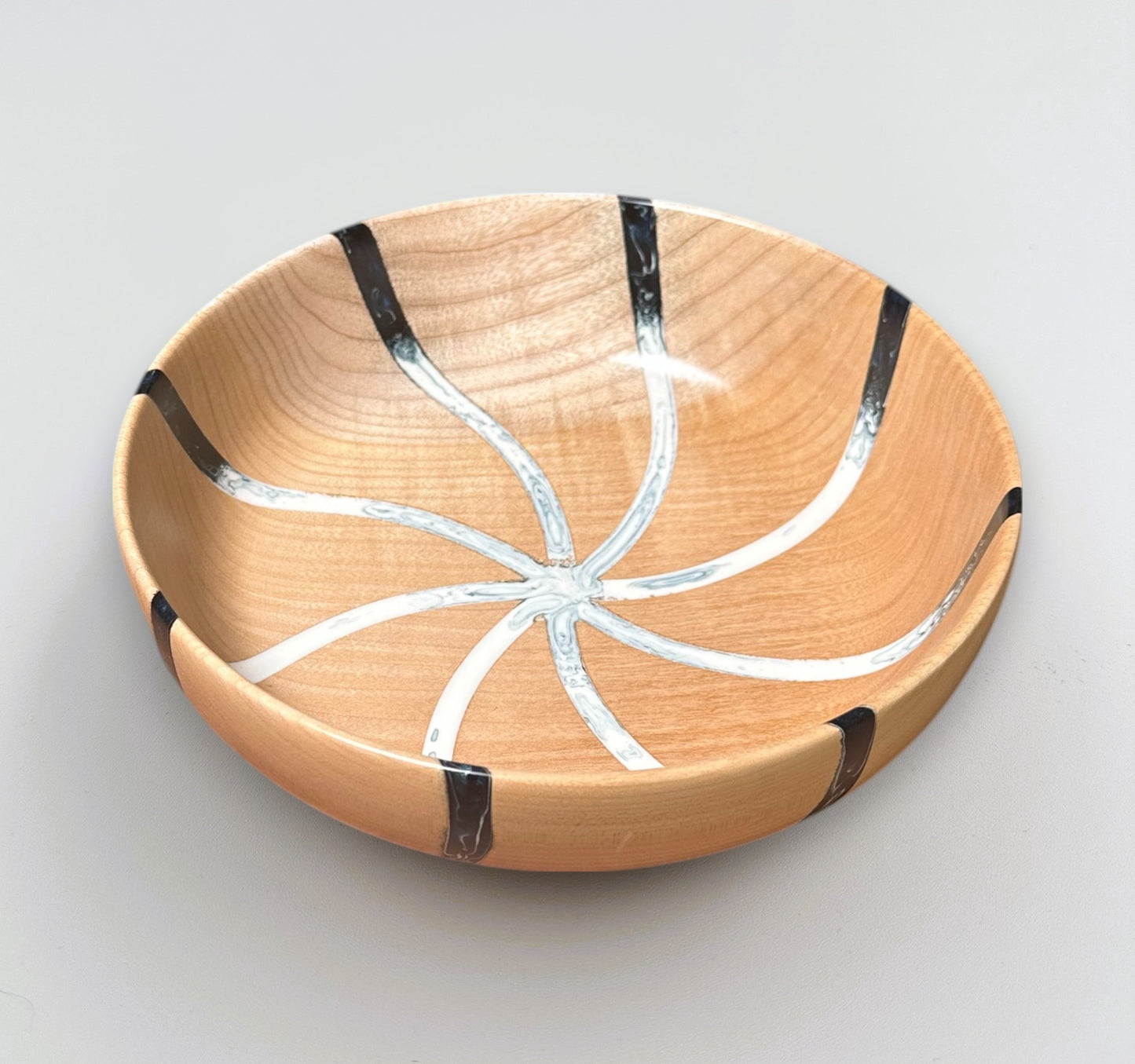 Wooden Maple Bowl with Blue White Resin Spiral Inlay