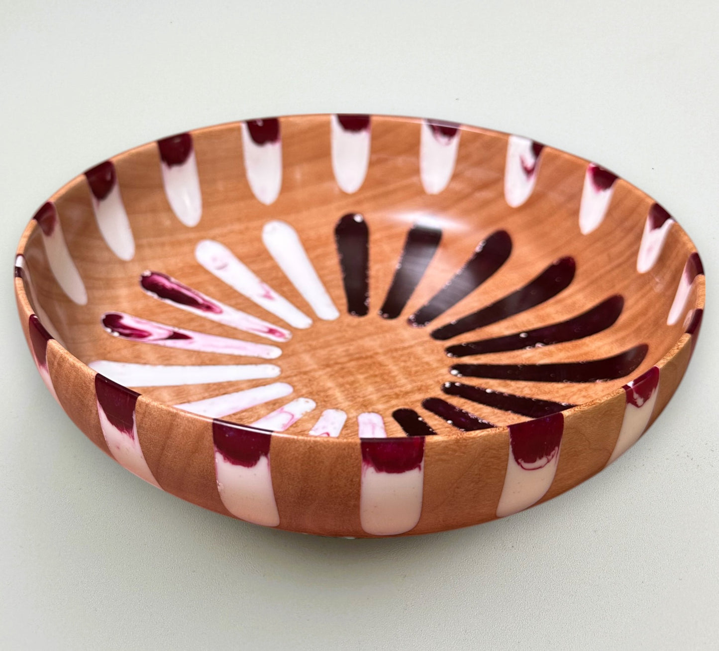 Wooden Maple Bowl with Red & White Resin Geo Patern