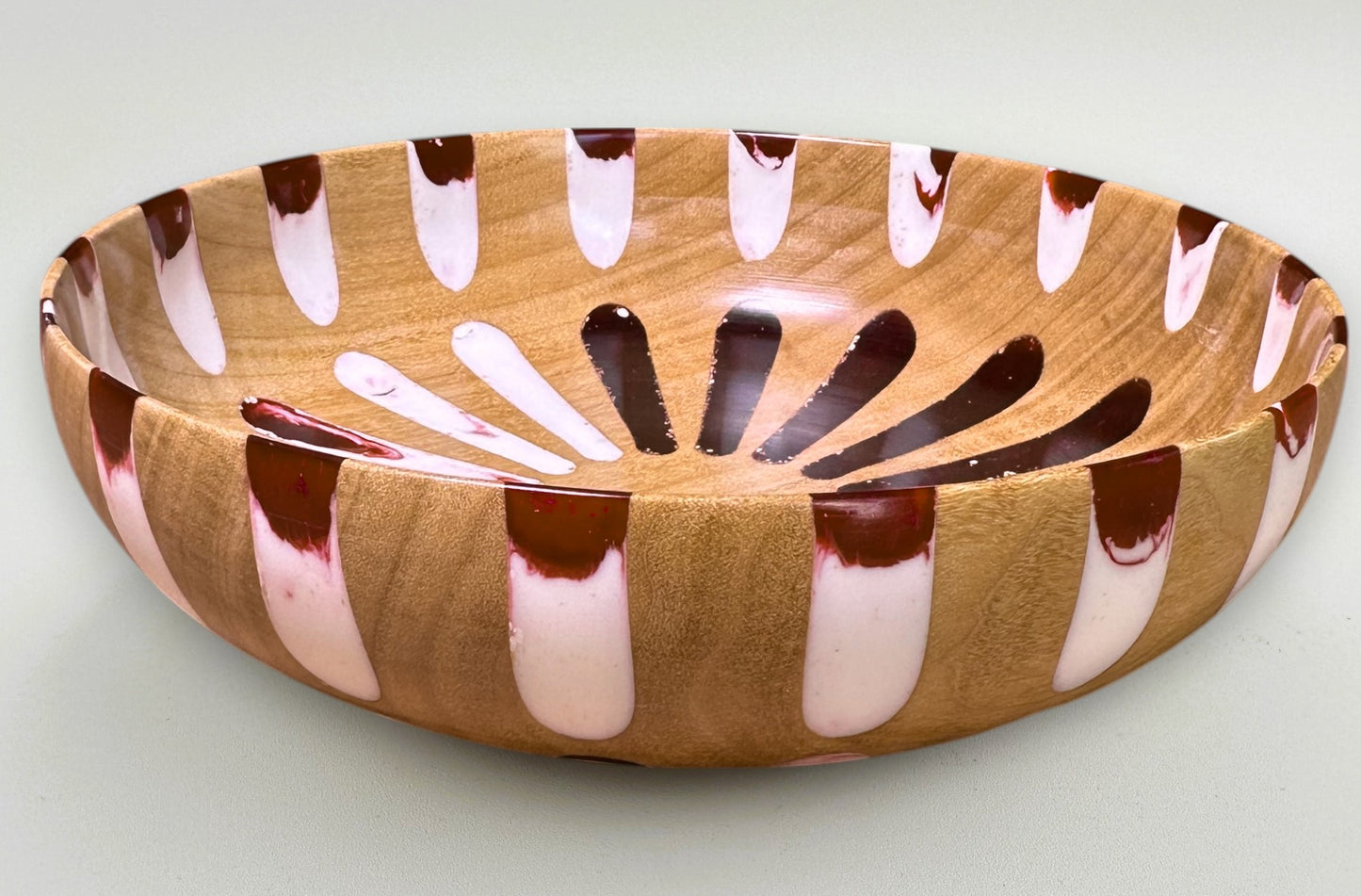 Wooden Maple Bowl with Red & White Resin Geo Patern