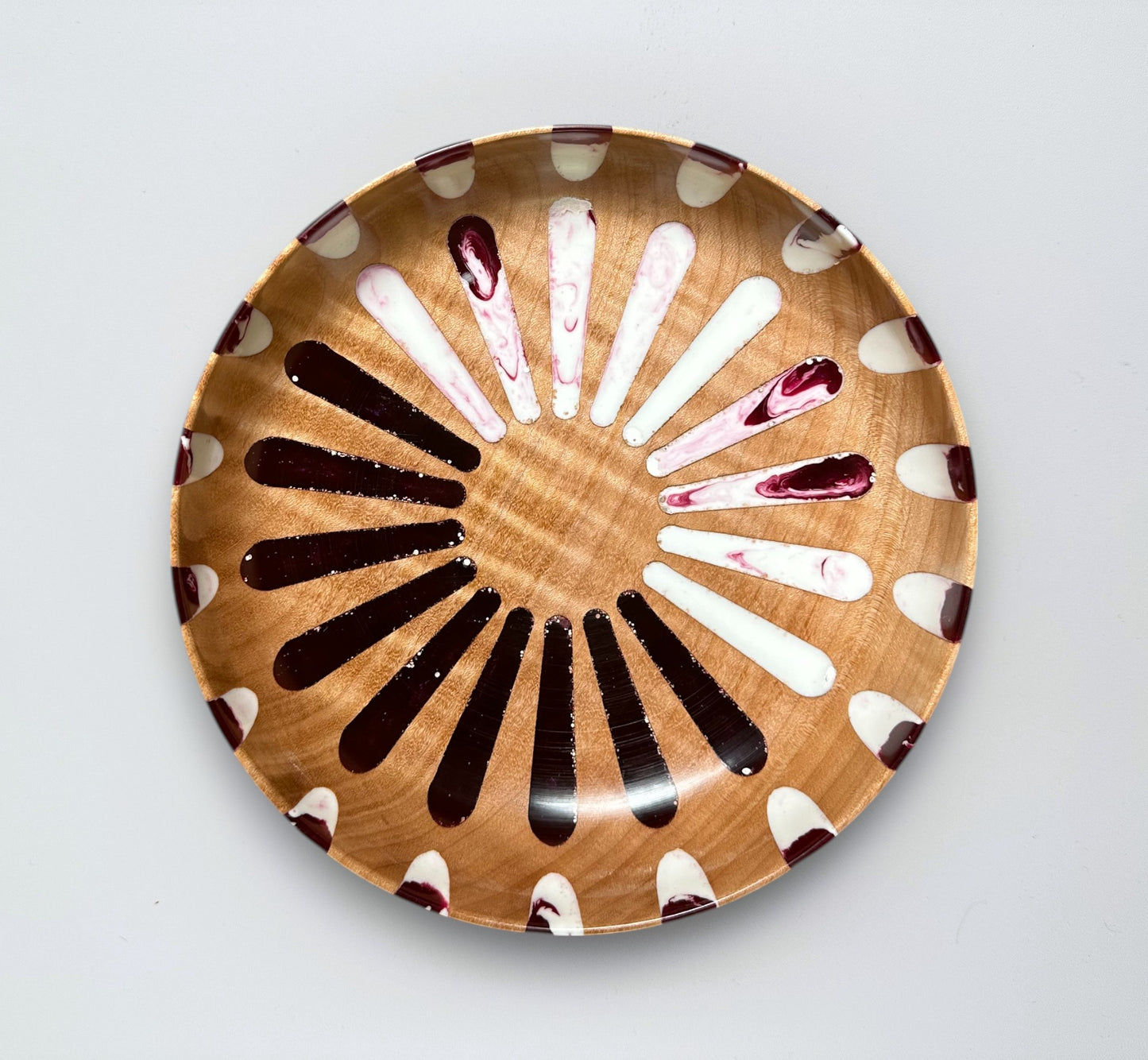 Wooden Maple Bowl with Red & White Resin Geo Patern