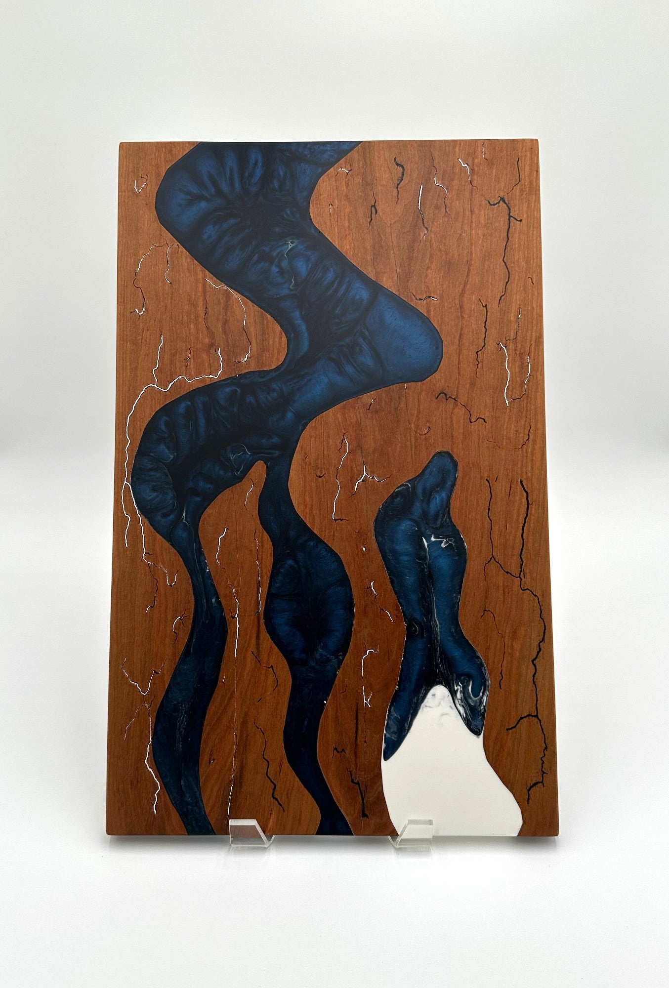 Rustic Cherry Wood Charcuterie Board Handmade with blue & white resin fractal inlay
