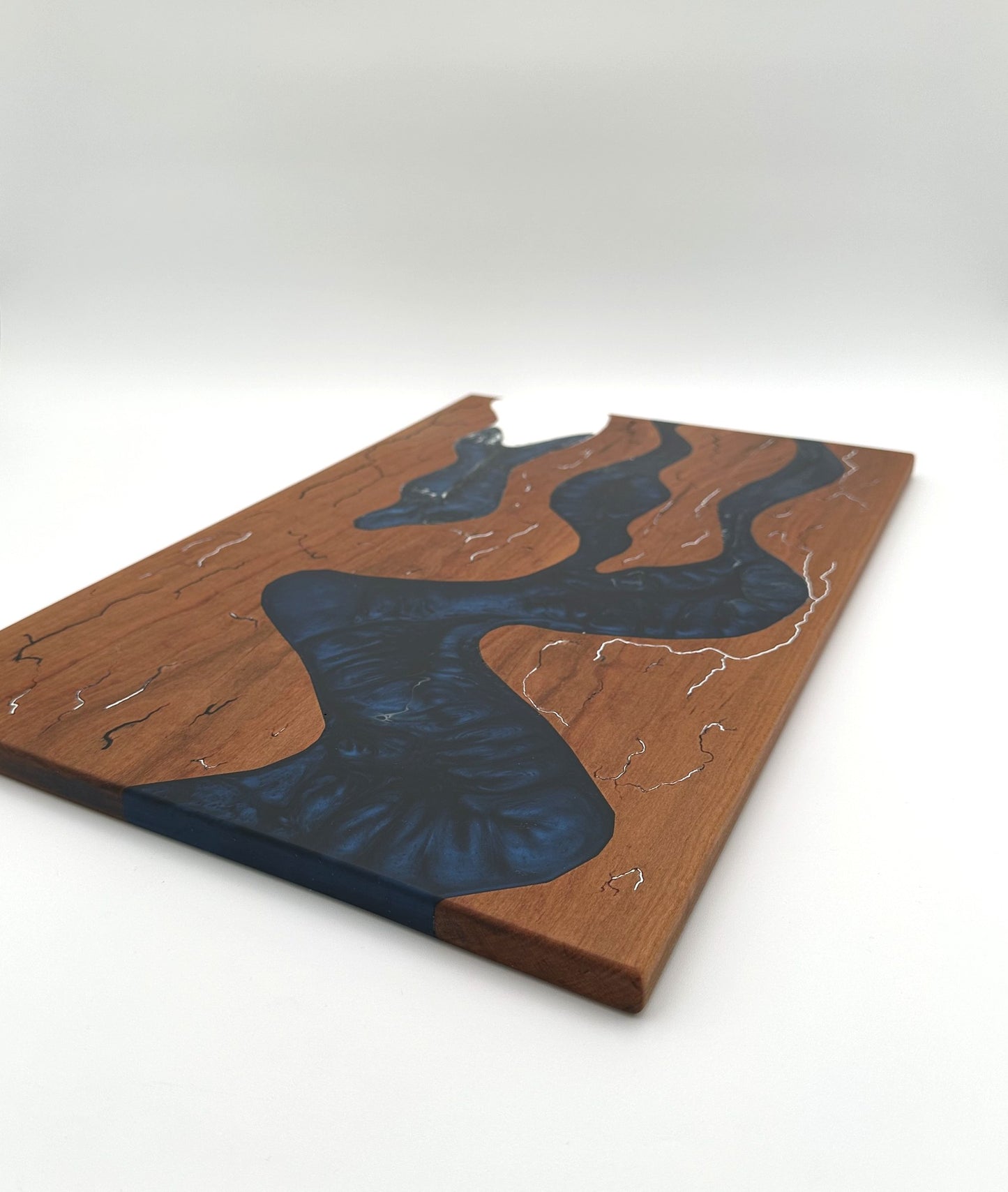 Rustic Cherry Wood Charcuterie Board Handmade with blue & white resin fractal inlay