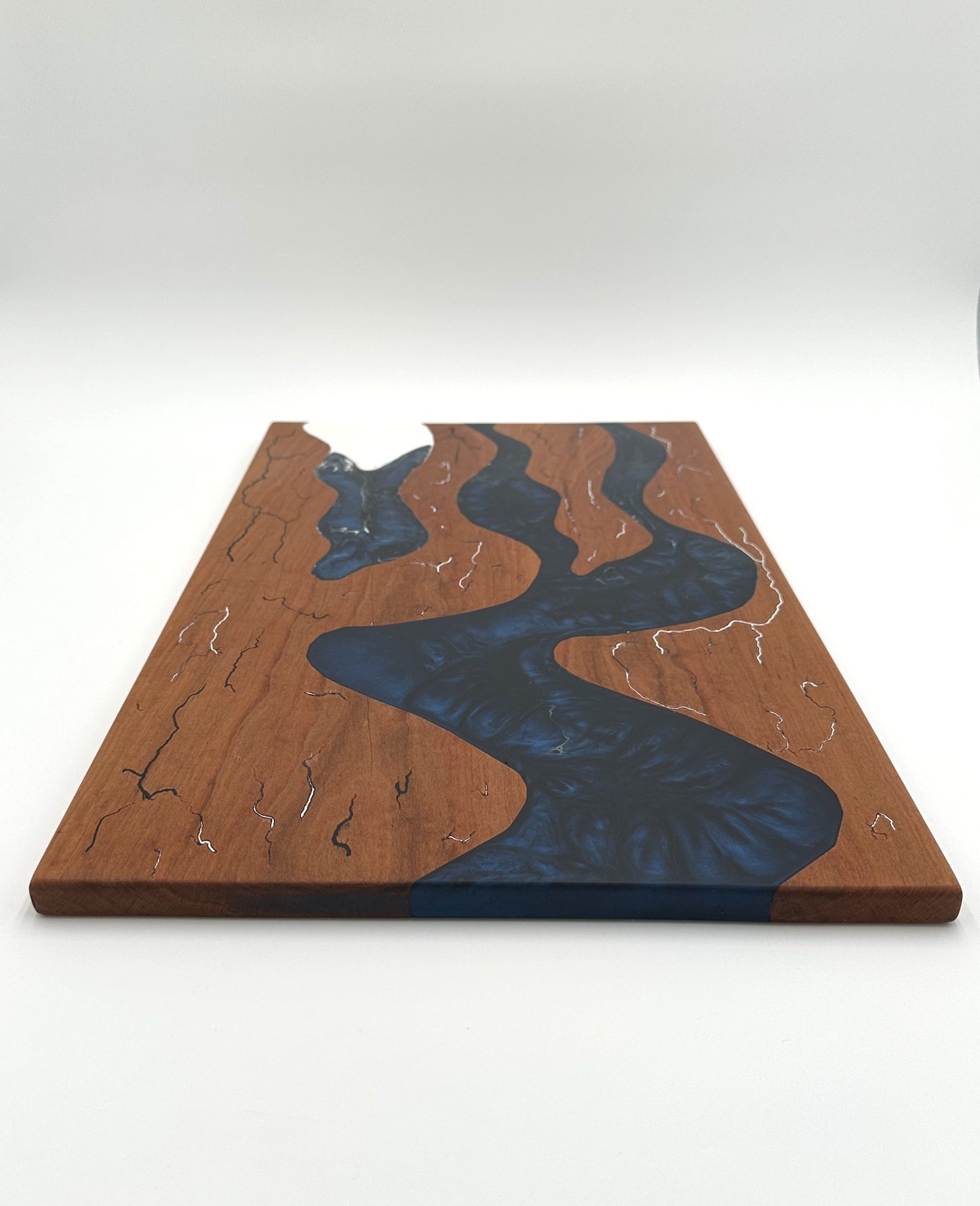 Rustic Cherry Wood Charcuterie Board Handmade with blue & white resin fractal inlay