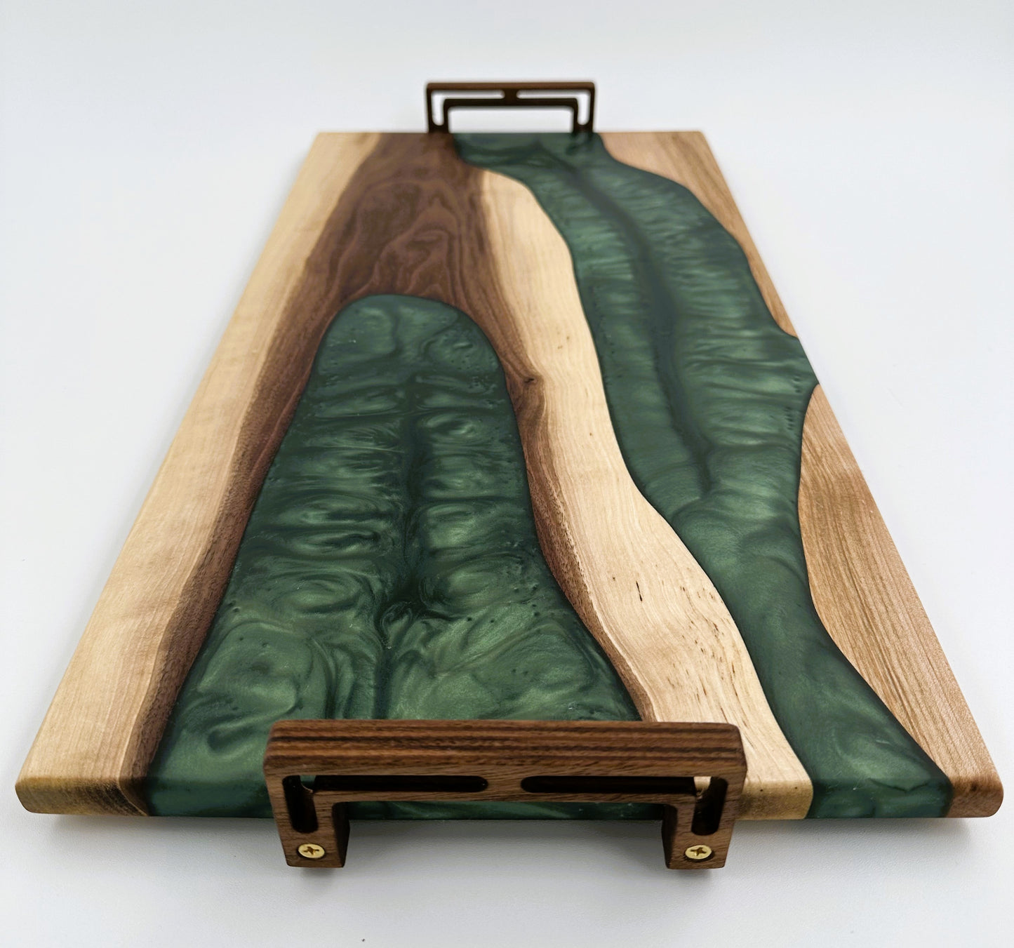 Walnut and Maple Wood Chacuterie Board with Green Resin Inlay