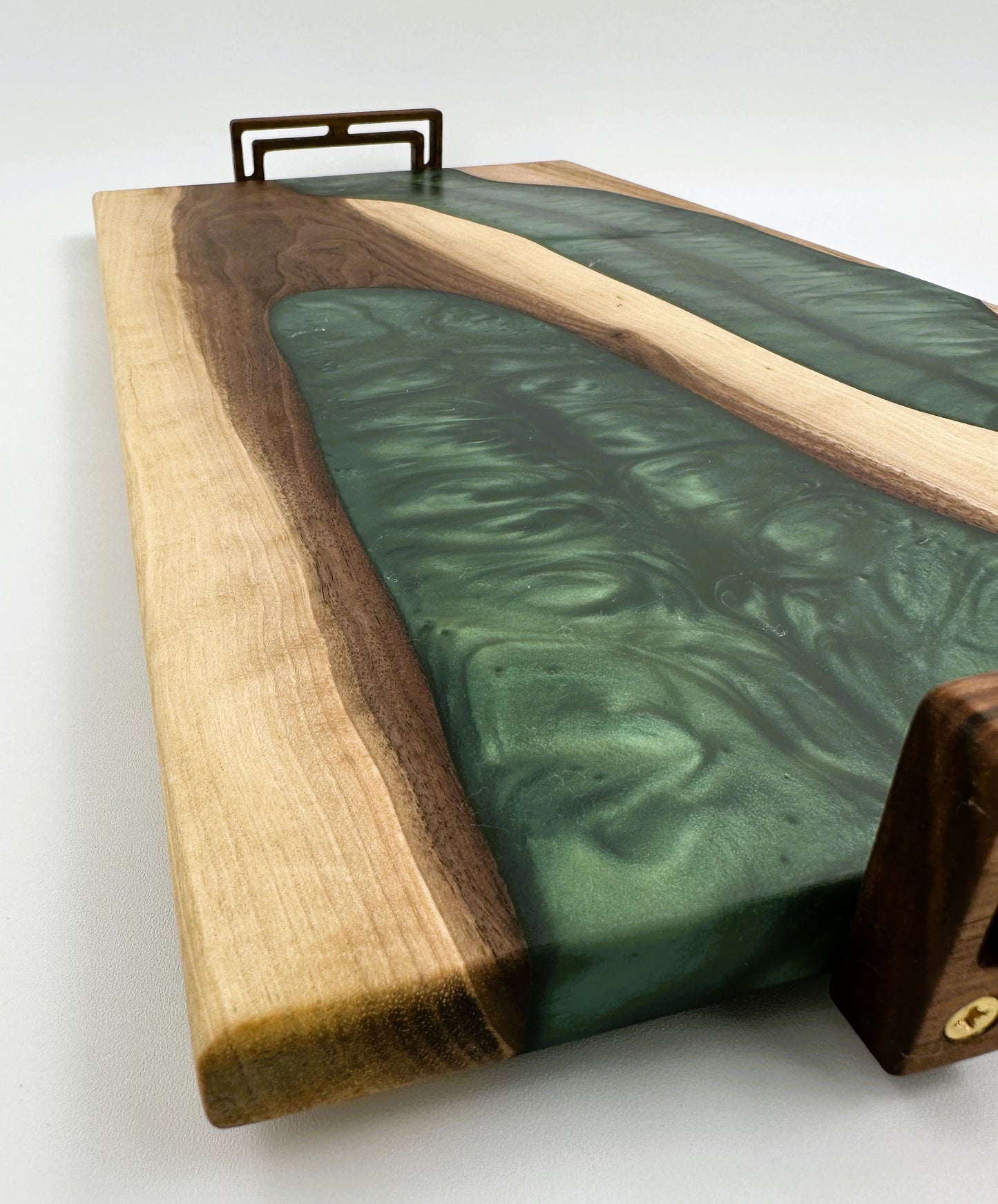 Walnut and Maple Wood Chacuterie Board with Green Resin Inlay