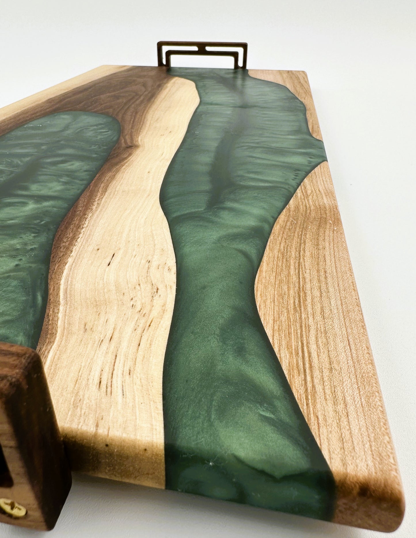 Walnut and Maple Wood Chacuterie Board with Green Resin Inlay