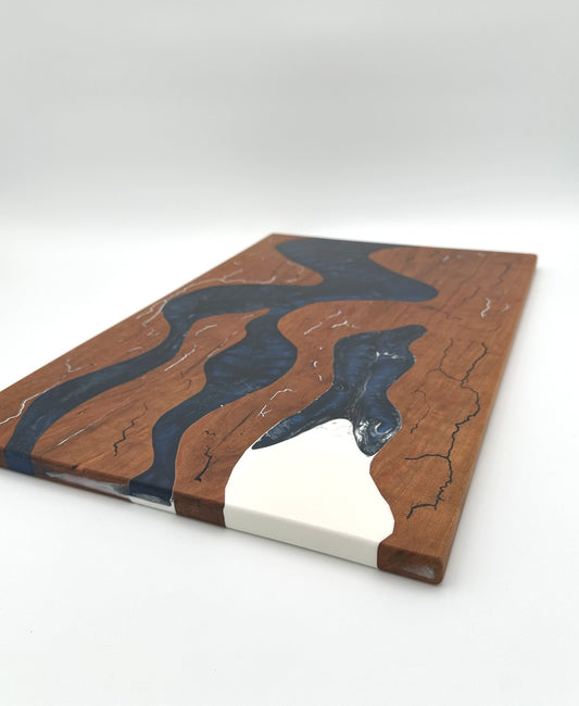 Rustic Cherry Wood Charcuterie Board Handmade with blue & white resin fractal inlay